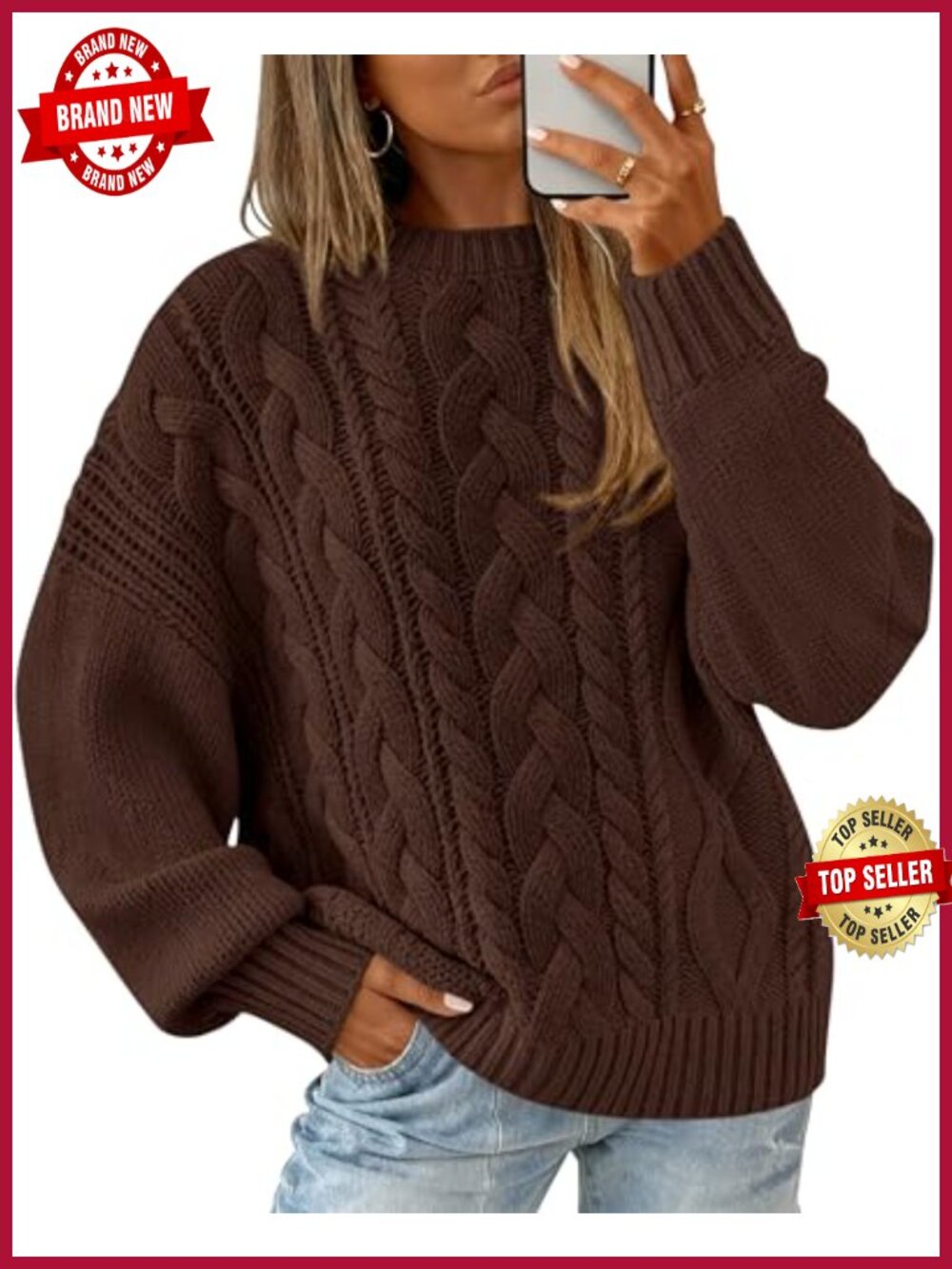 Oversized Cable Knit Sweater Crewneck Lantern Sleeve Pullover
